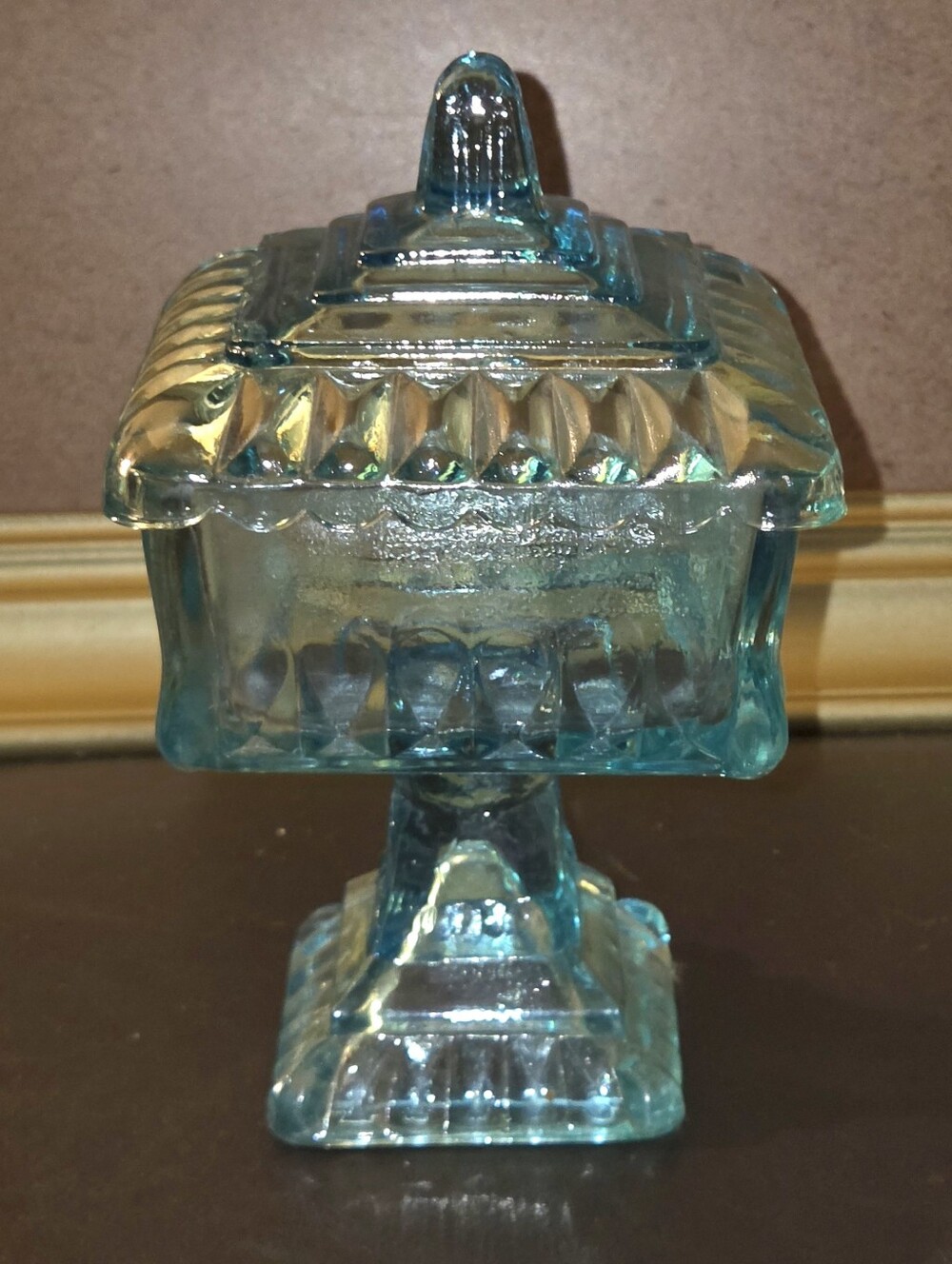 Vintage Jeanette Glass Aqua Blue FlashGlass Wedding Cake Box Lidded Compote